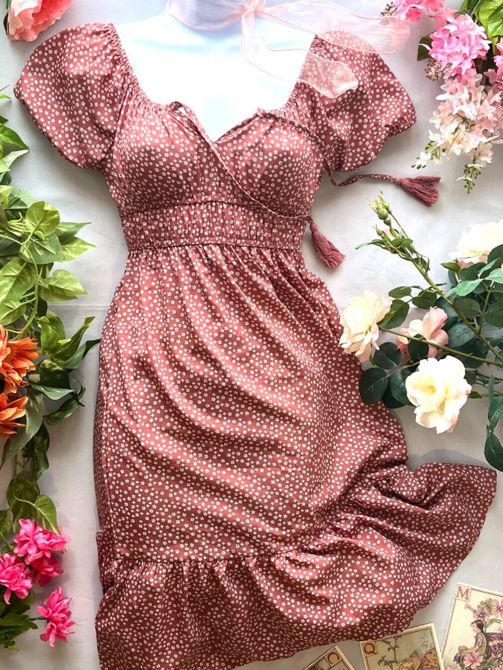 NWT Hint of Blush Flowy Peasant Dress Pink S/M Puff Sleeves Ruffle Hem Short